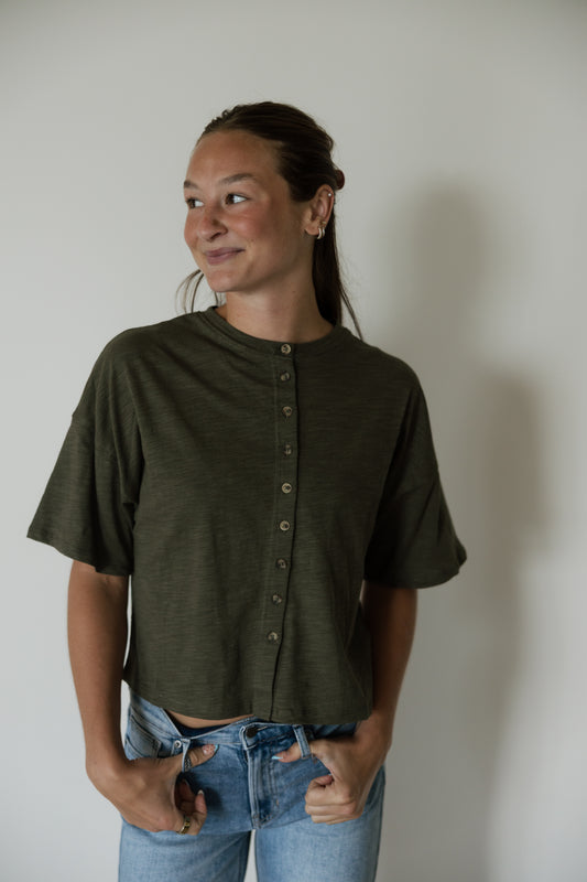 Olive Button Down Round Neck Top
