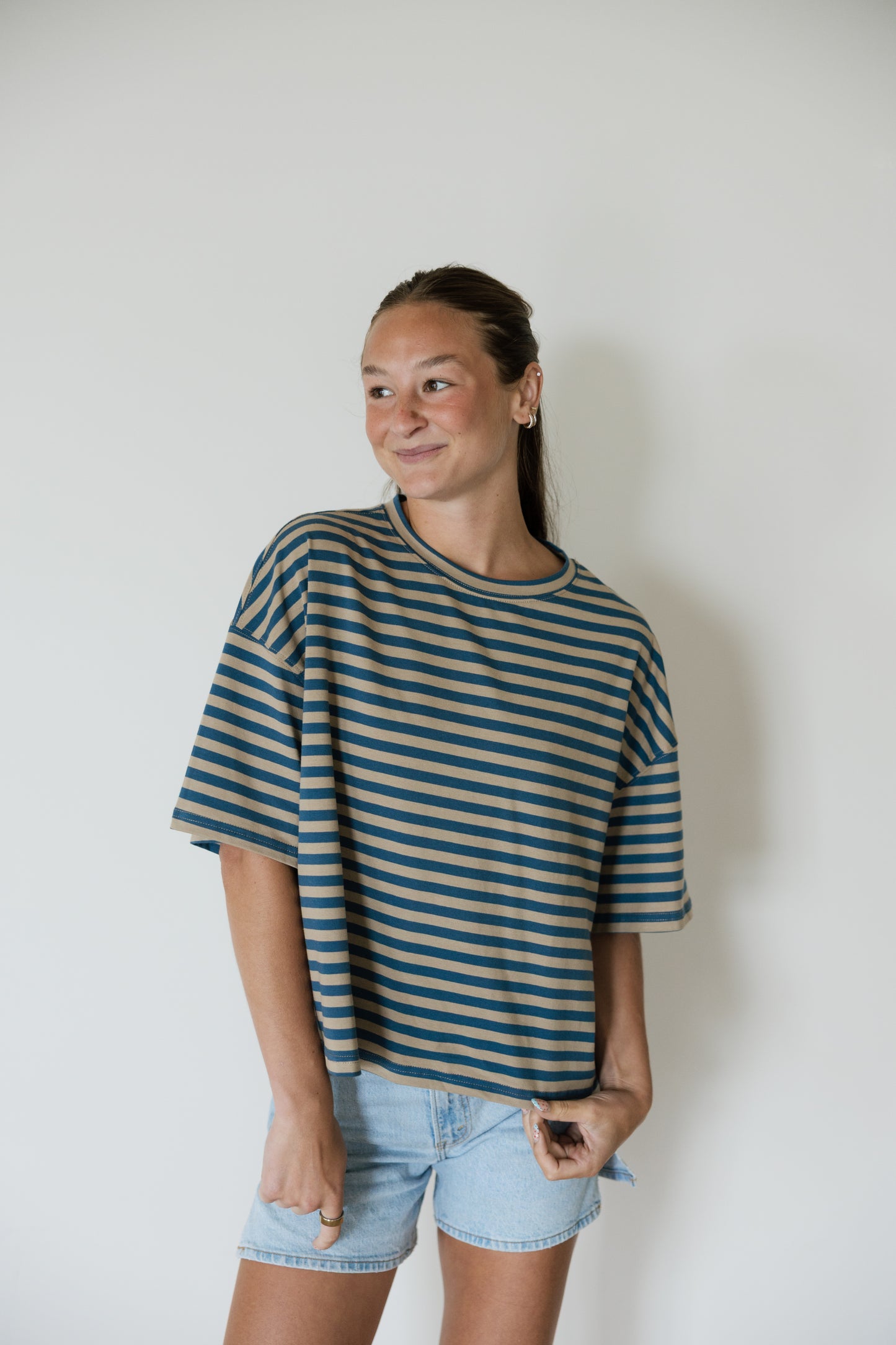 Navy & Tan Stripe Oversized Tee