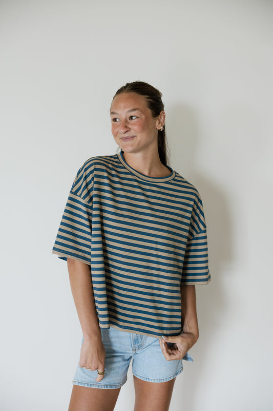 Navy & Tan Stripe Oversized Tee
