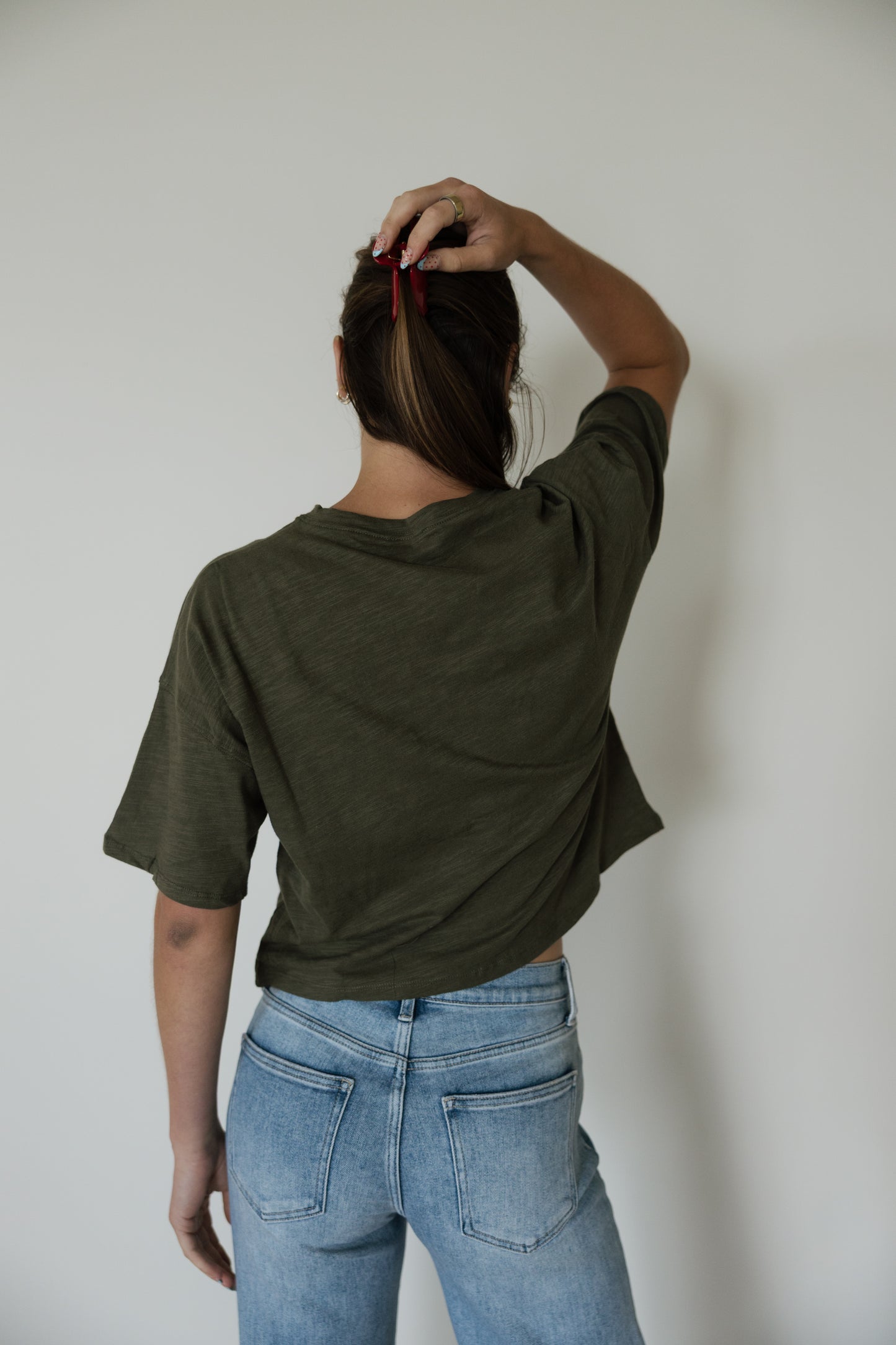Olive Button Down Round Neck Top