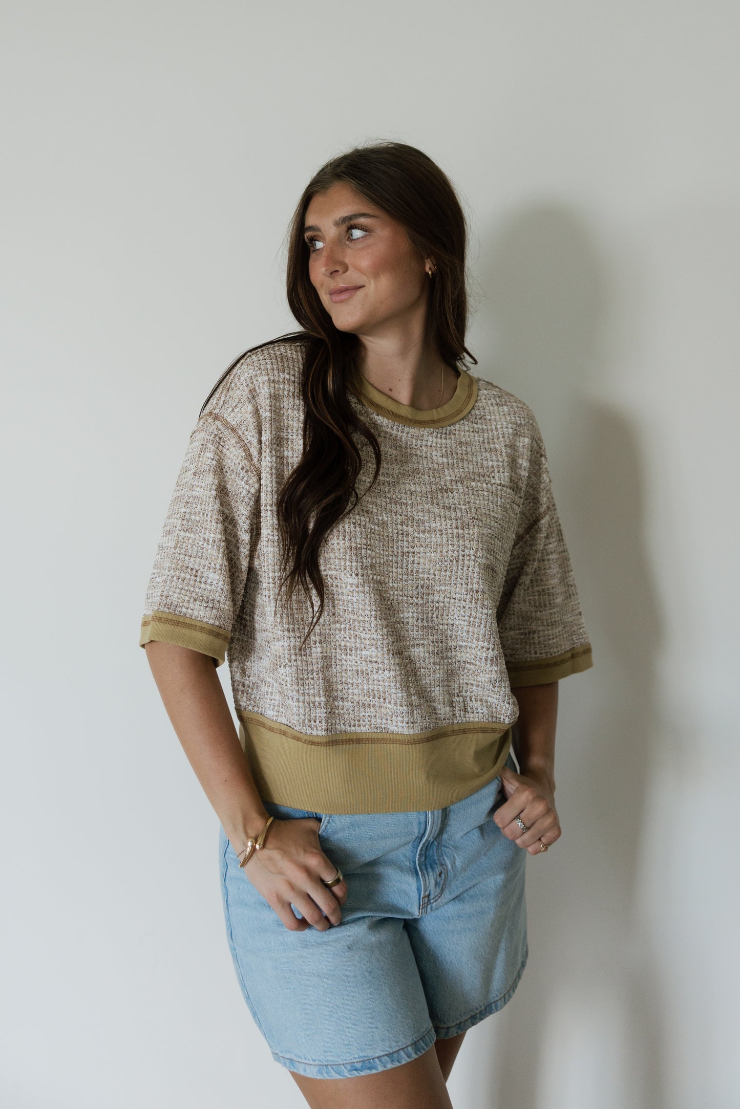 Mocha Waffle Knit Contrast Hem Top