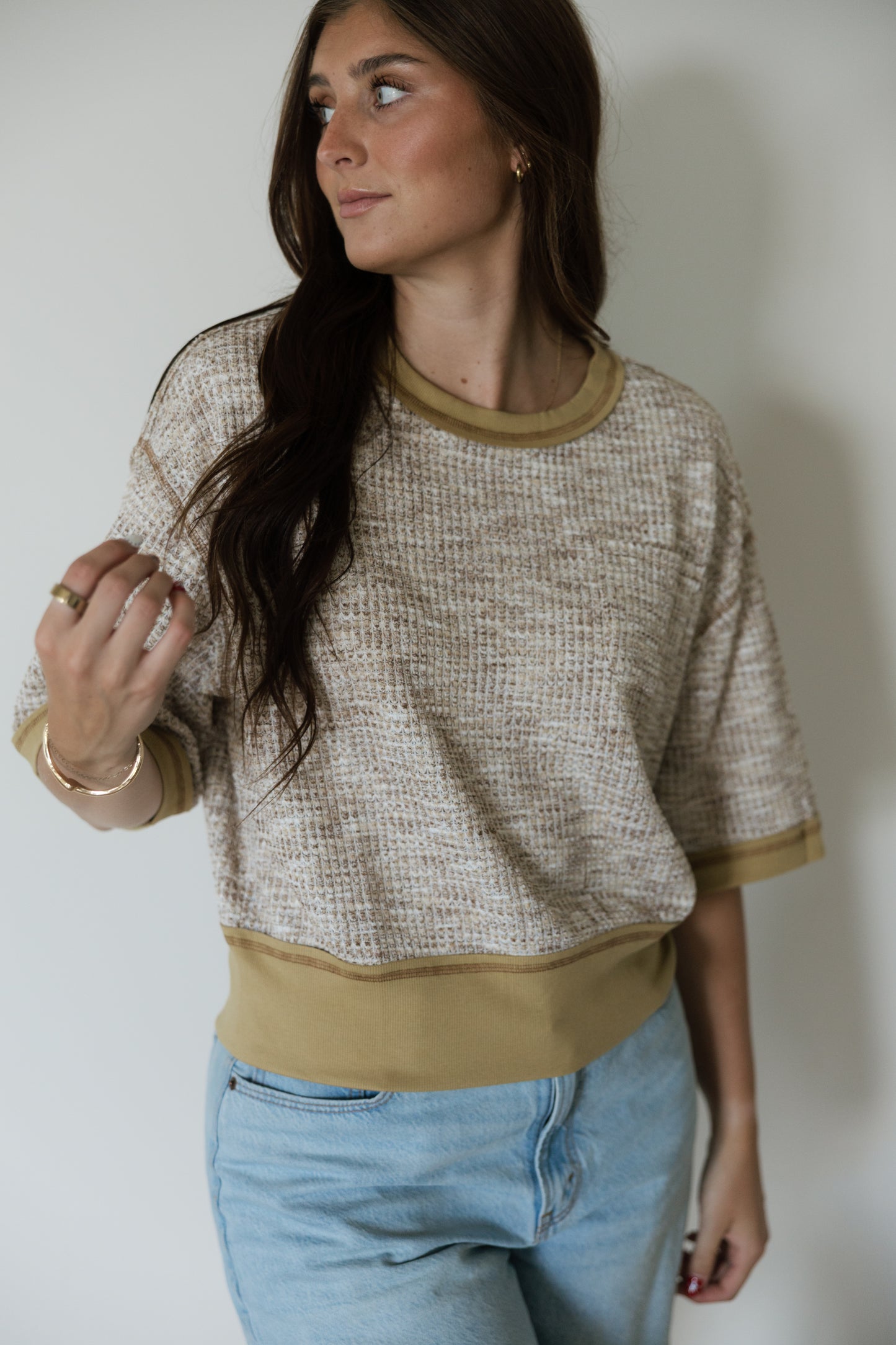 Mocha Waffle Knit Contrast Hem Top