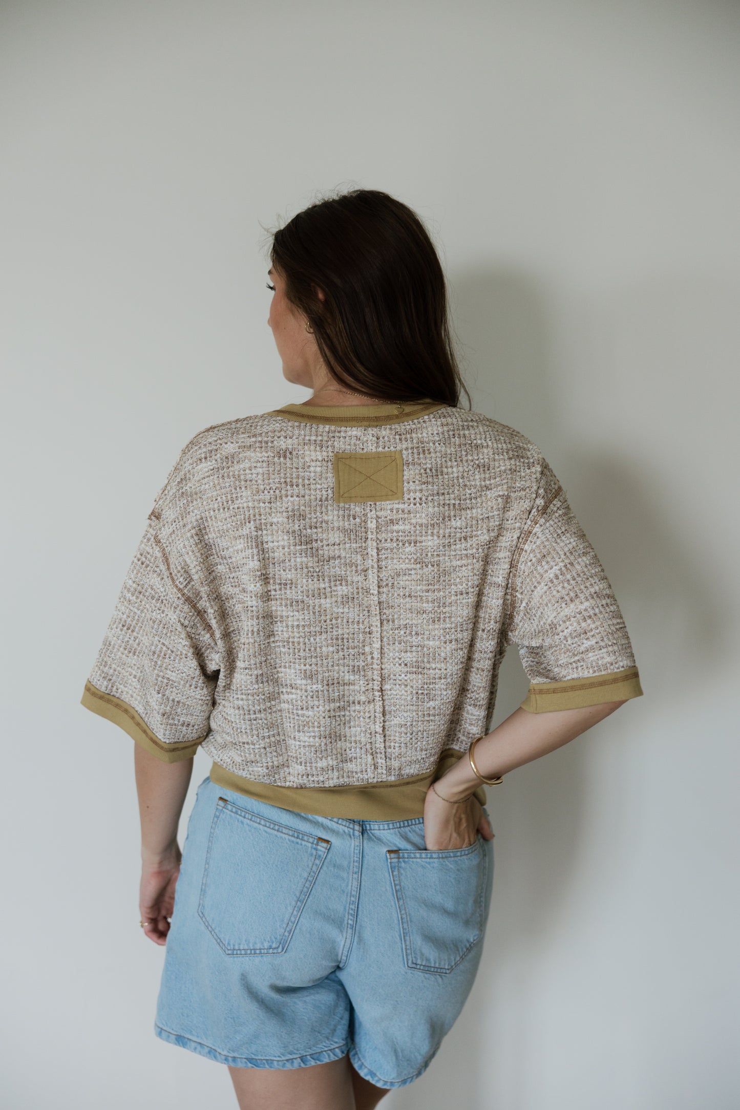 Mocha Waffle Knit Contrast Hem Top