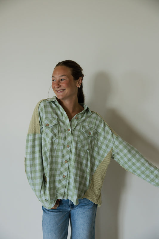 Sage Waffle and Plaid Mixed Button Down