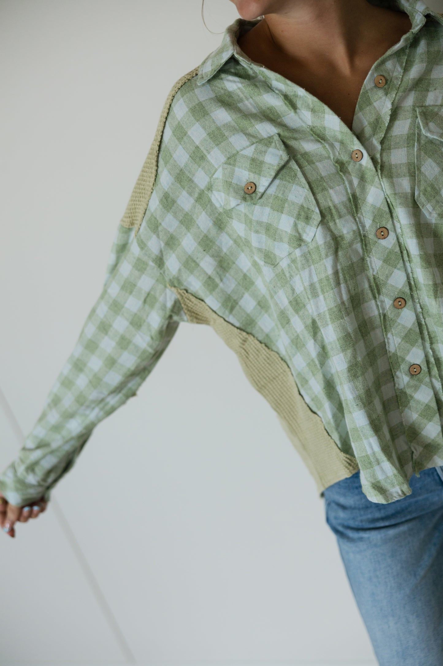 Sage Waffle and Plaid Mixed Button Down