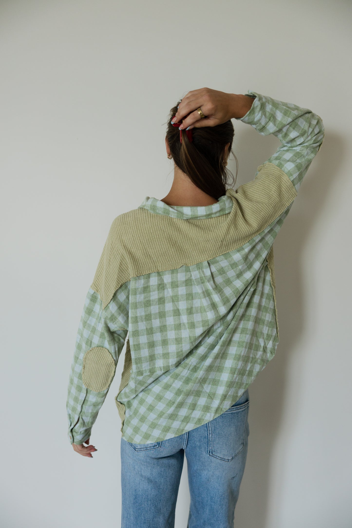 Sage Waffle and Plaid Mixed Button Down