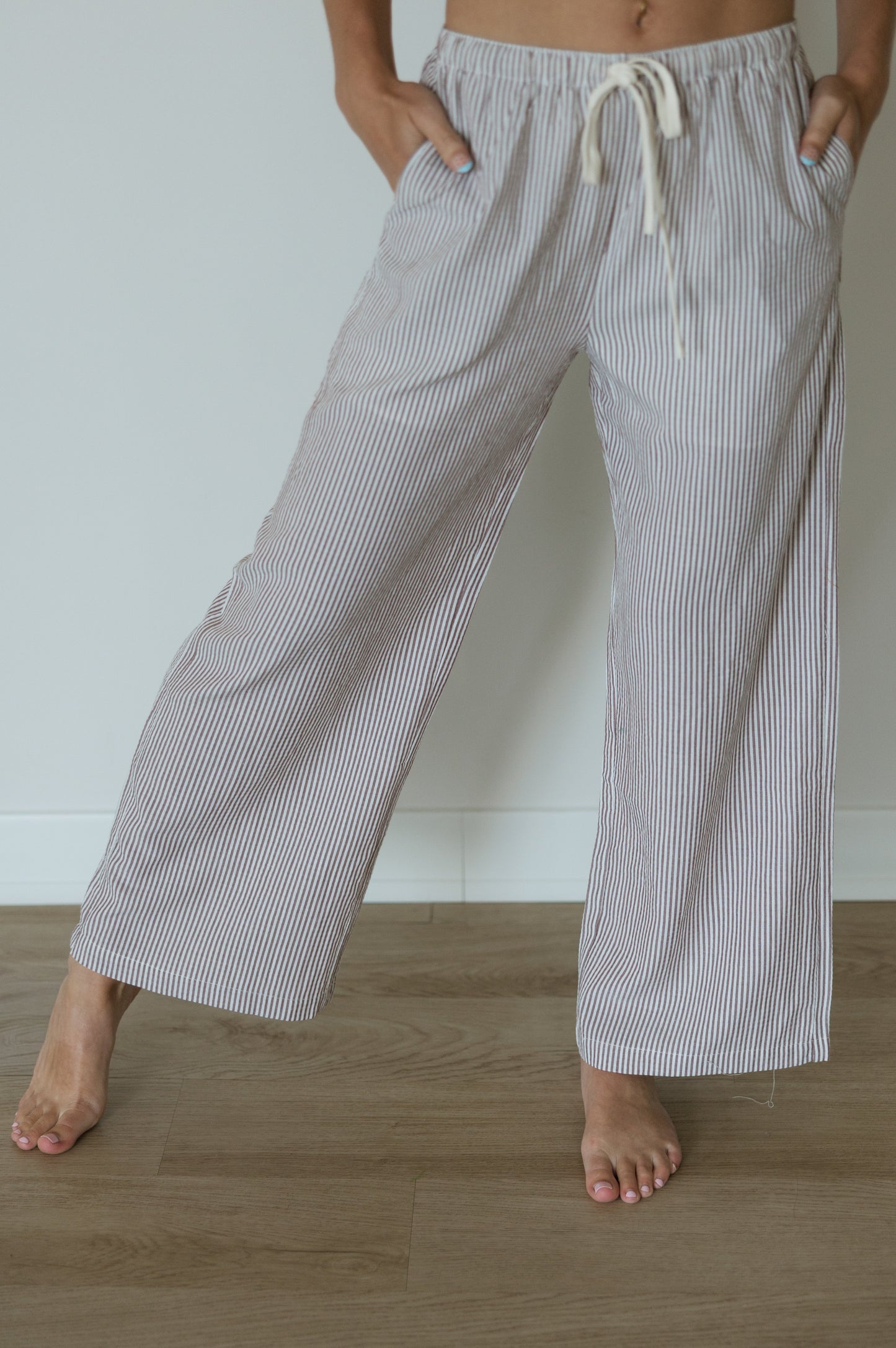 Stripe Drawstring Pants in Brown
