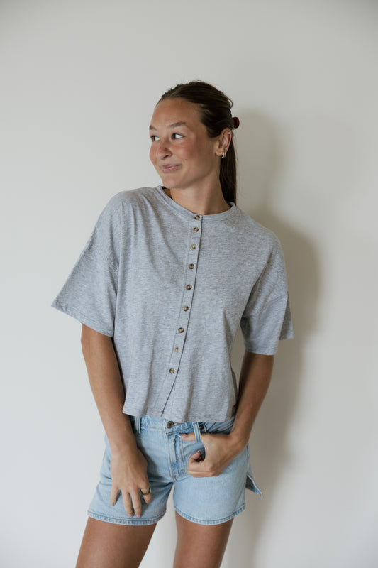 Grey Button Down Round Neck Top
