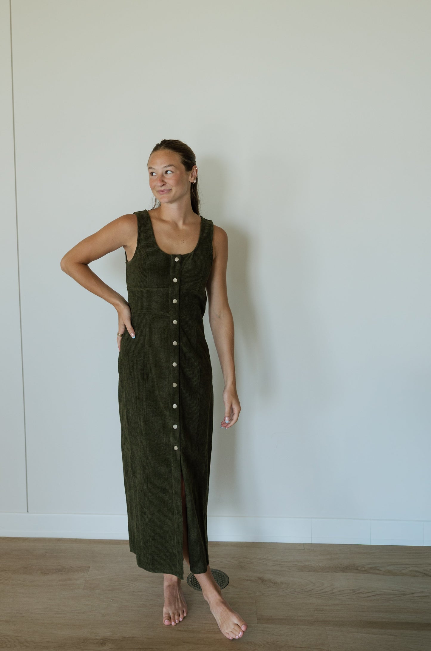 Olive Corduroy Scoop Neck Maxi Dress