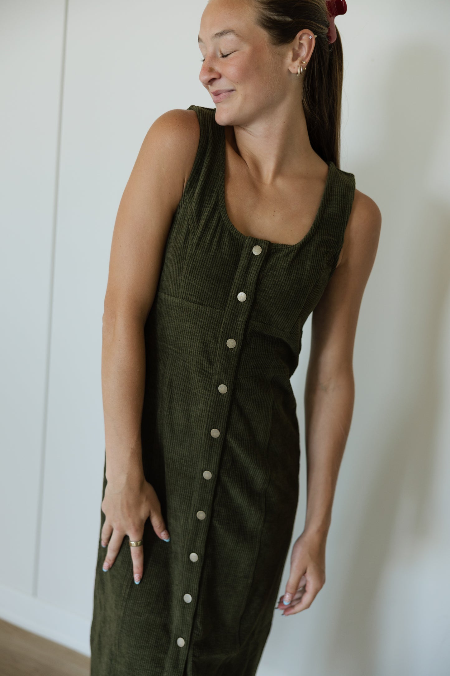 Olive Corduroy Scoop Neck Maxi Dress