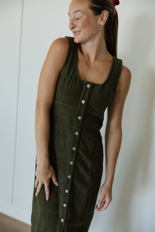 Olive Corduroy Scoop Neck Maxi Dress