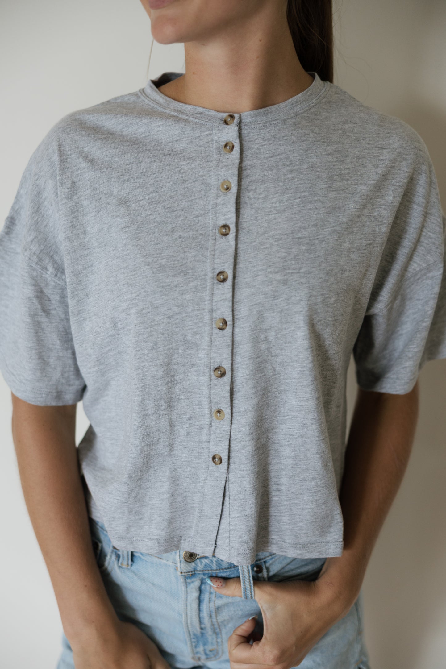 Grey Button Down Round Neck Top