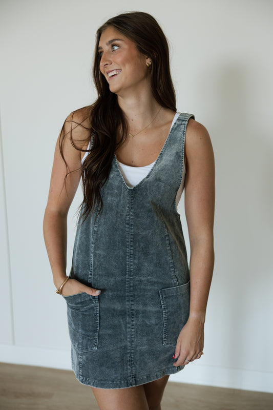 Washed Teal Corduroy Overall Dress