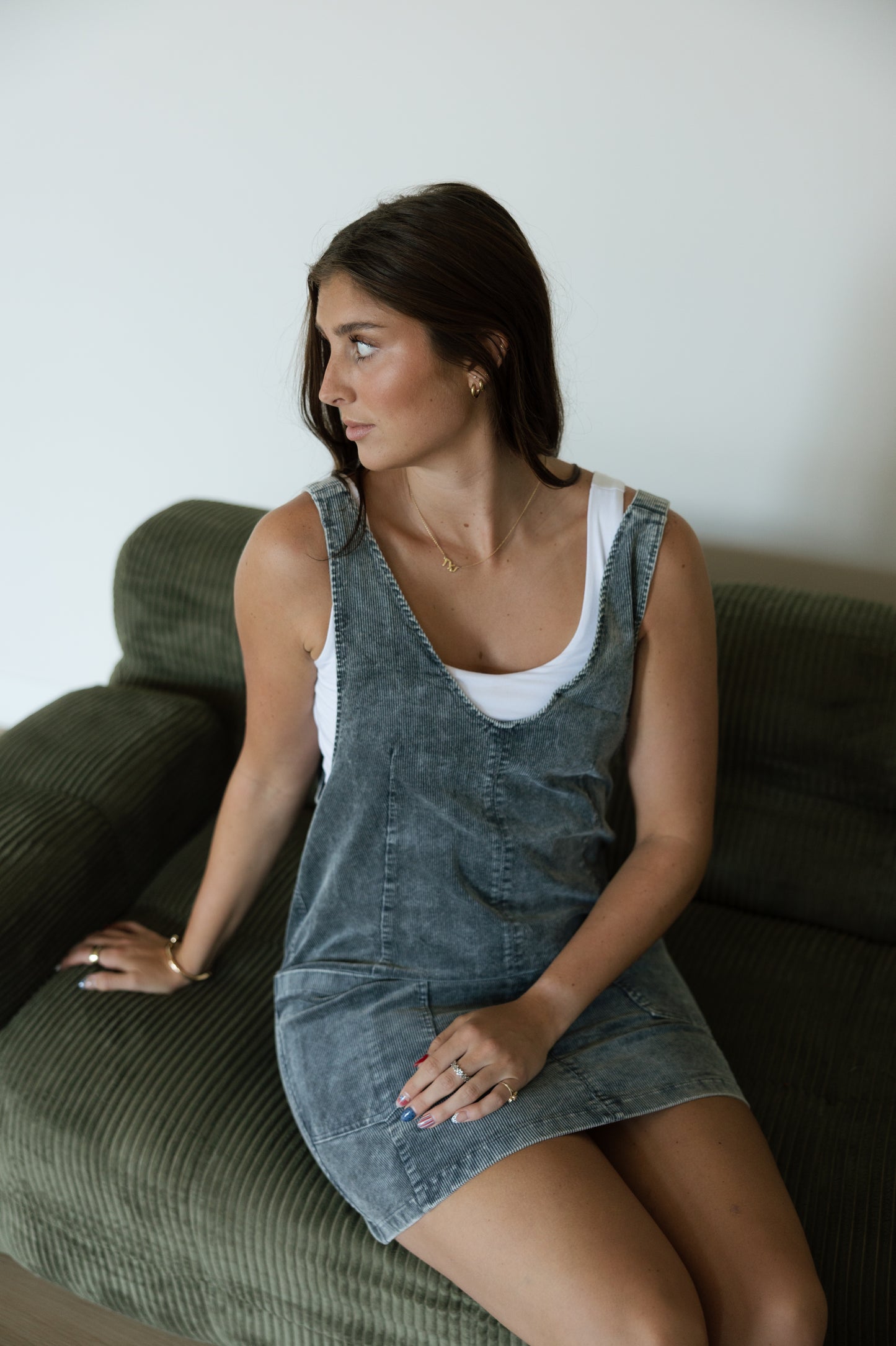 Washed Teal Corduroy Overall Dress