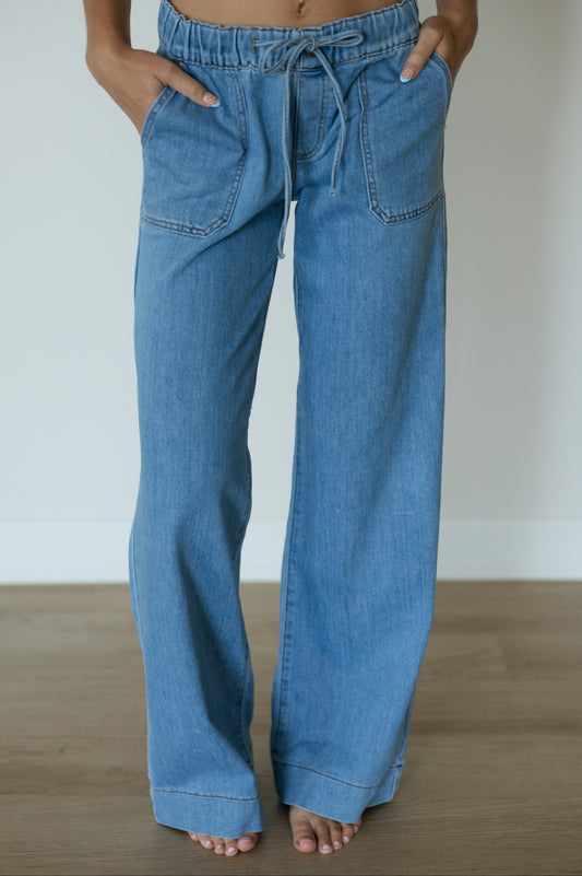 Drawstring Utility Pocket Wide Leg Jeans
