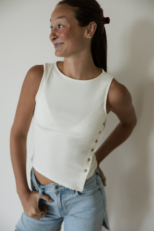 Ivory Ribbed Button Detail Tank