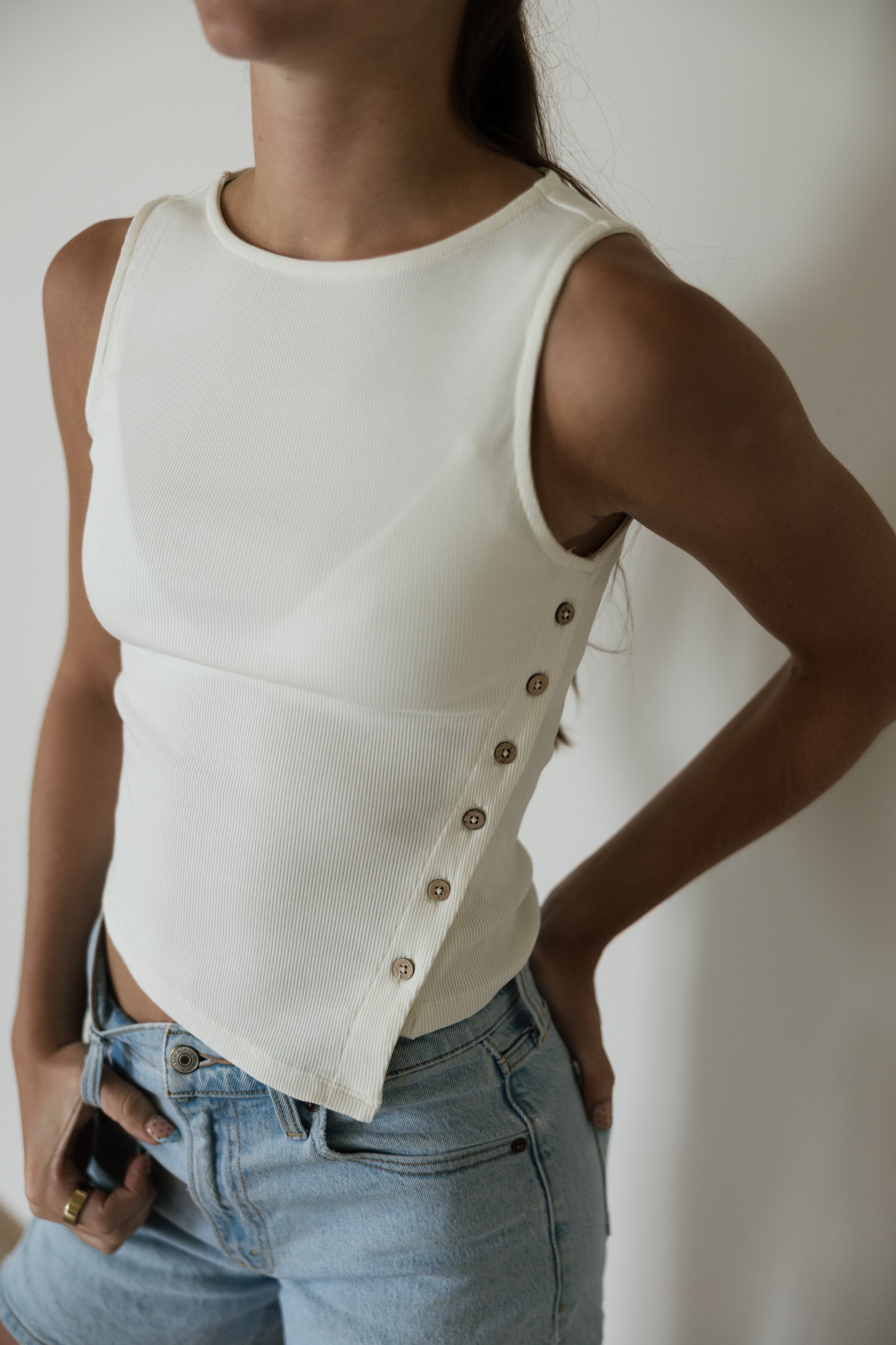 Ivory Ribbed Button Detail Tank