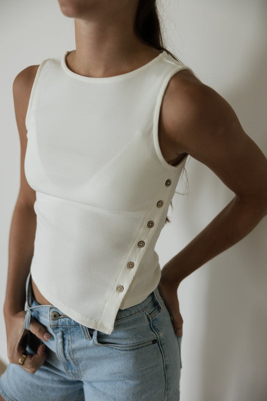 Ivory Ribbed Button Detail Tank