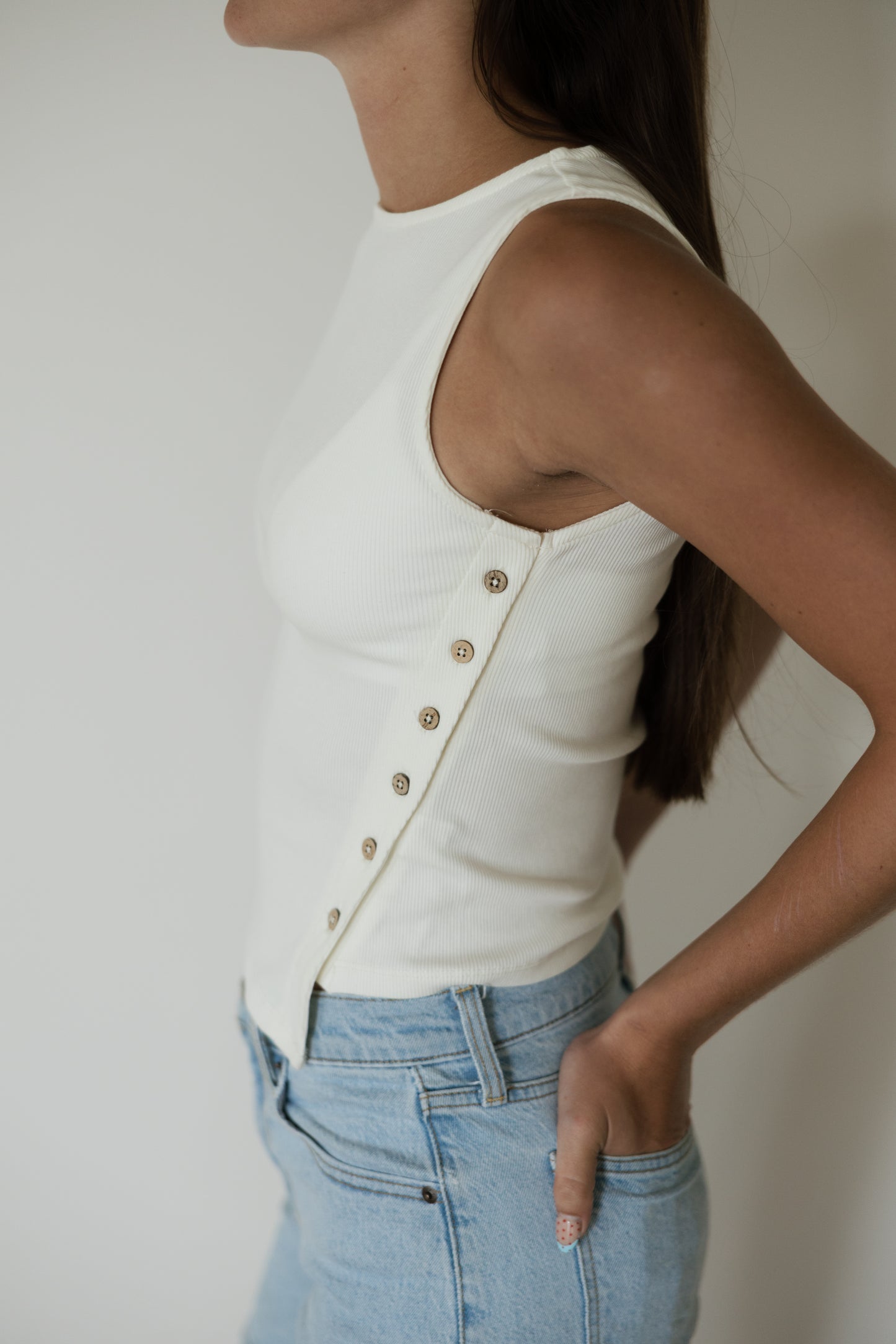 Ivory Ribbed Button Detail Tank