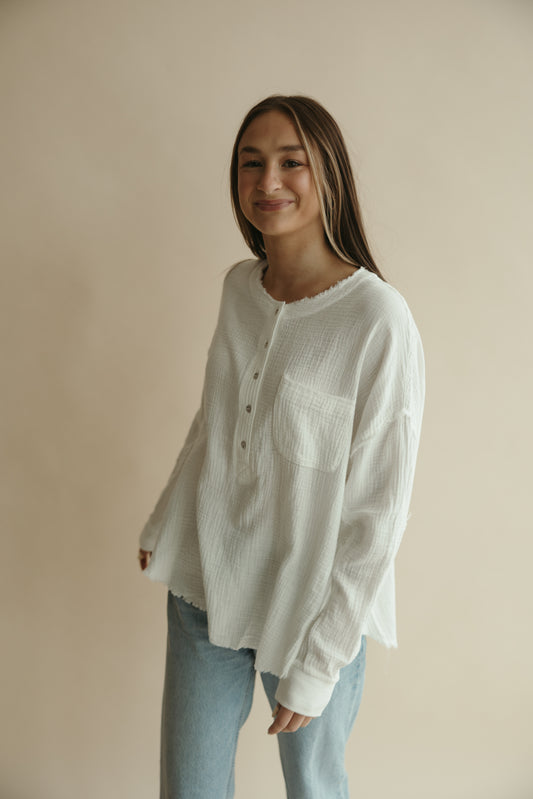White Frayed Hem Long Sleeve Top