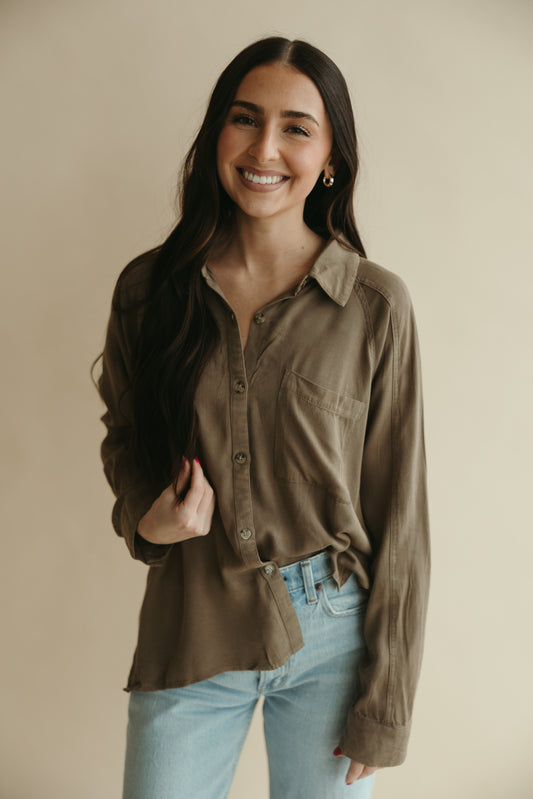 Olive Washed Collared Button Down