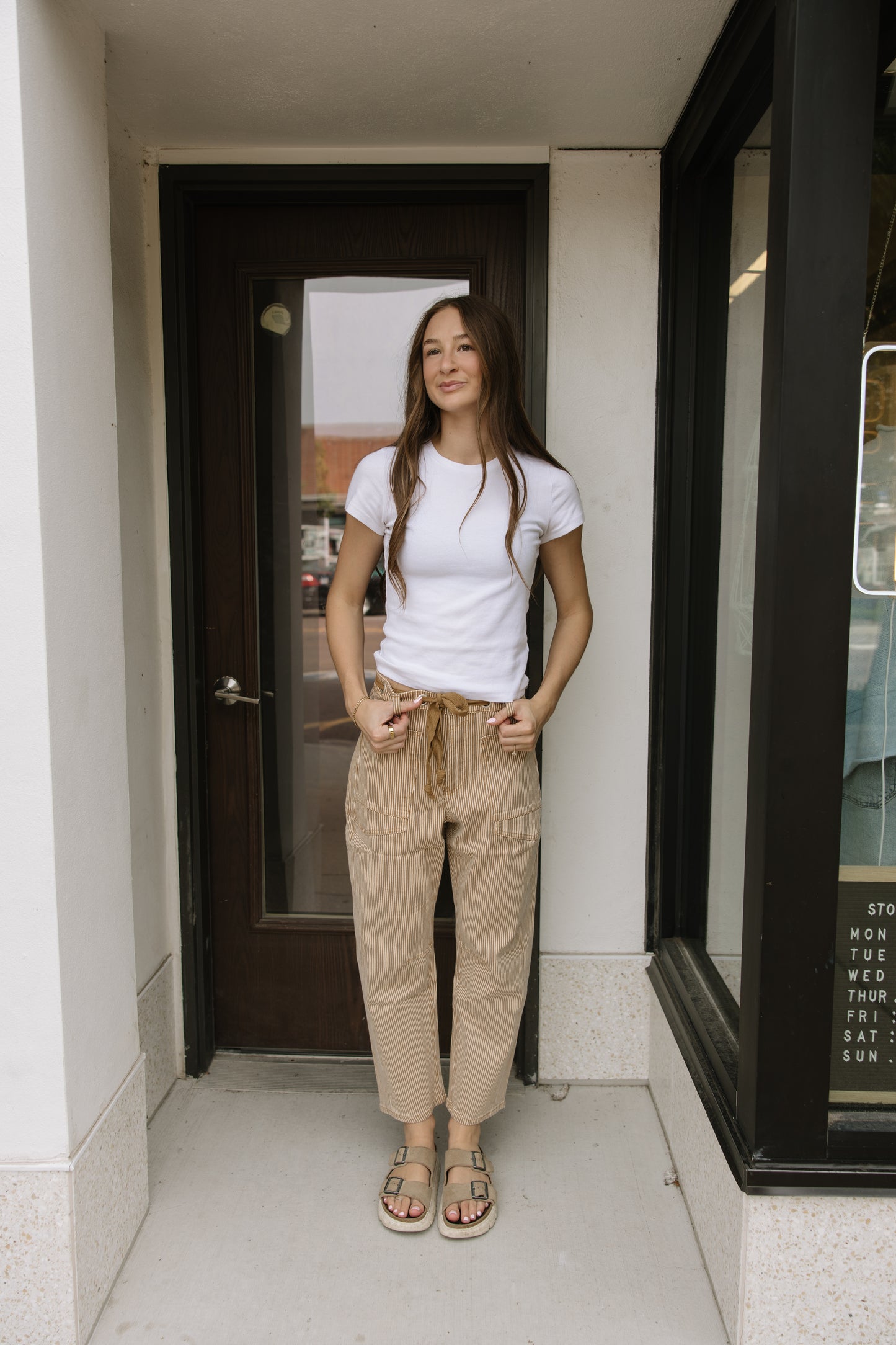 Camel Stripped Barrel Pants
