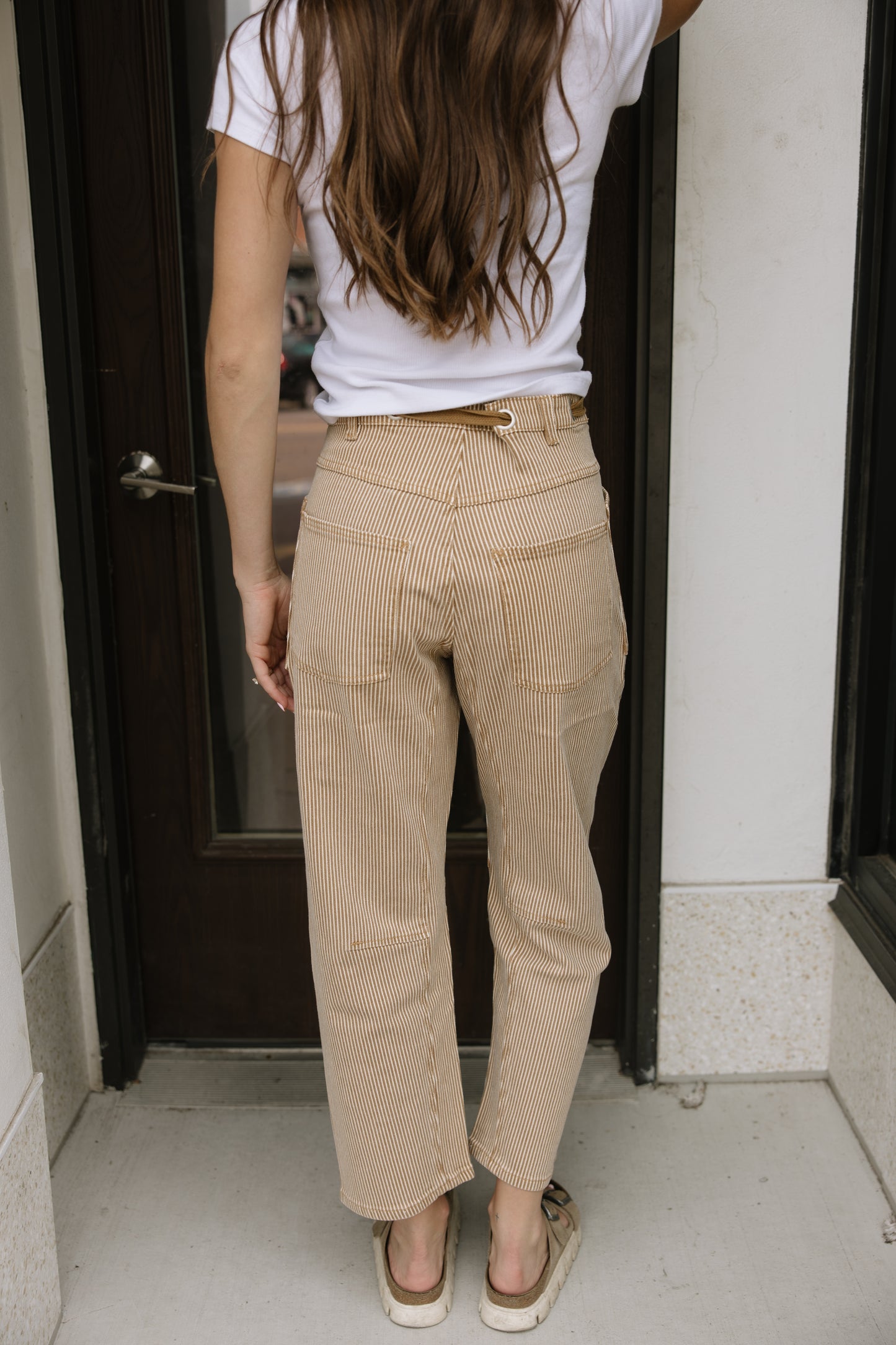 Camel Stripped Barrel Pants