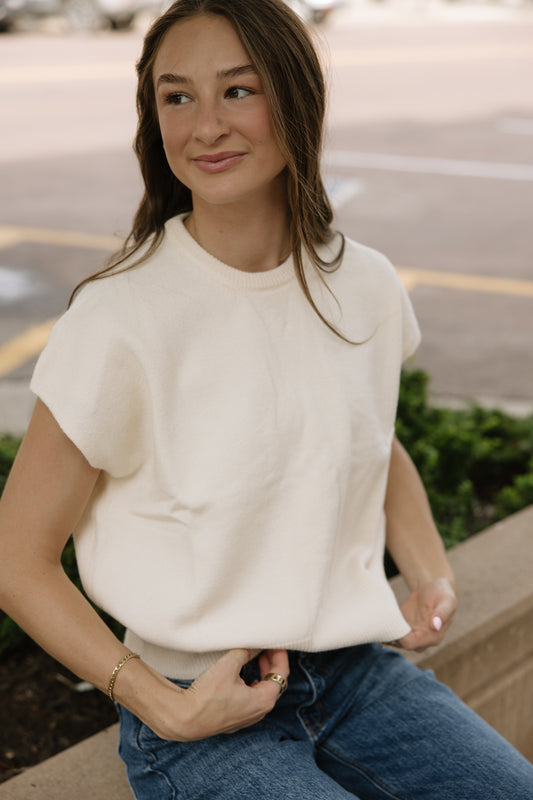 Cream Short Sleeve Sweater Top