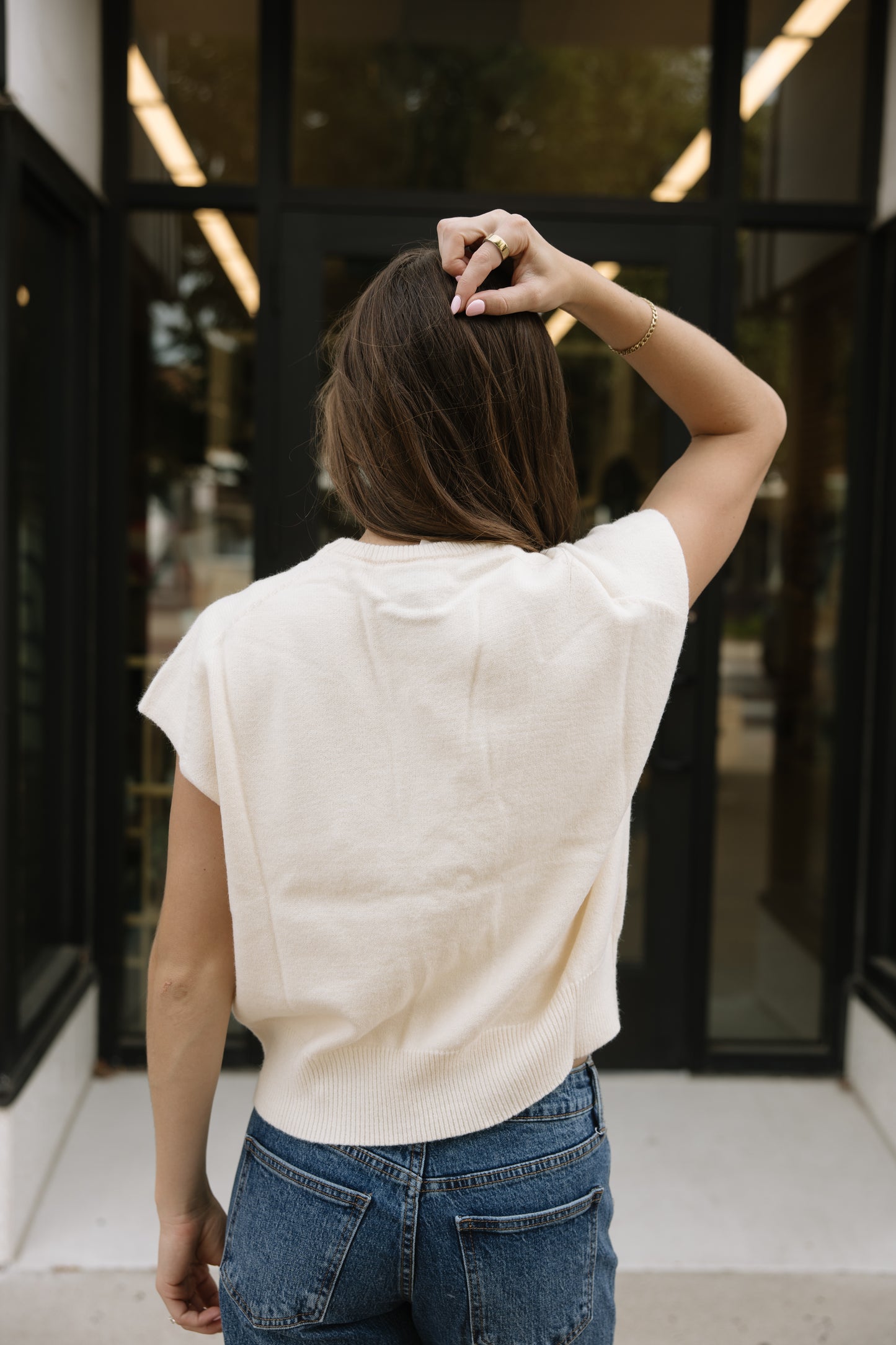 Cream Short Sleeve Sweater Top