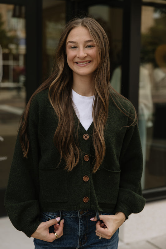 Olive Cuffed Button Cardigan