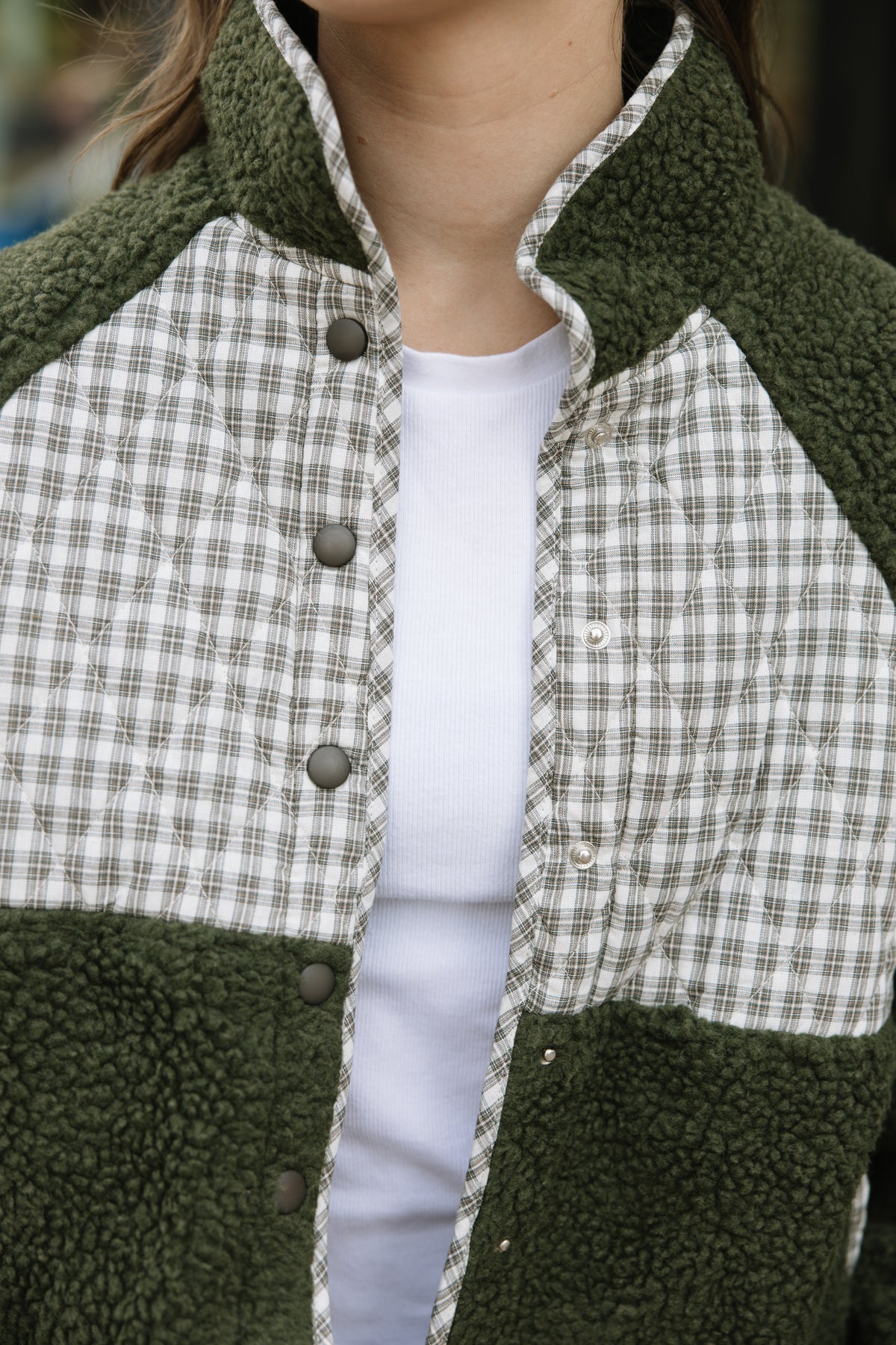 Olive Plaid Color Block Fleece Jacket