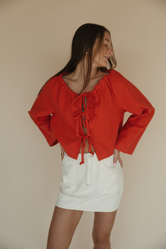 Red Linen Tie Front Top