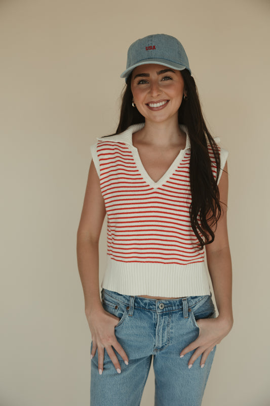 Red Stripe Collared Top