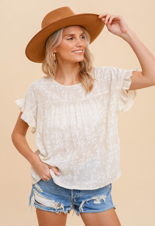 Embroidered Ruffle Sleeve Top