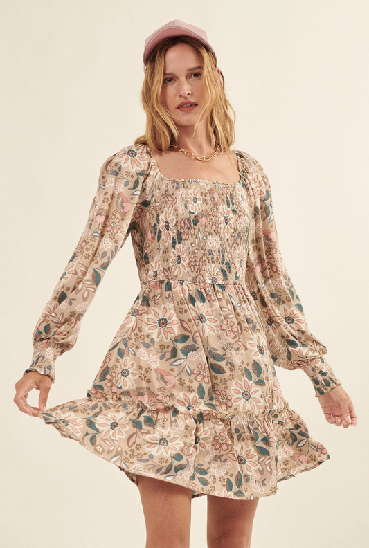 Sand Floral Square Neck Dress