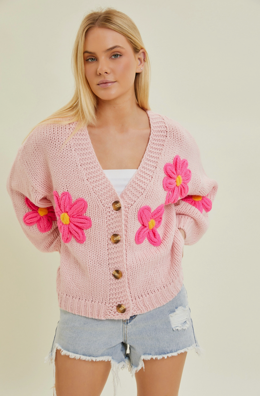 Pink Floral Cardigan Sweater