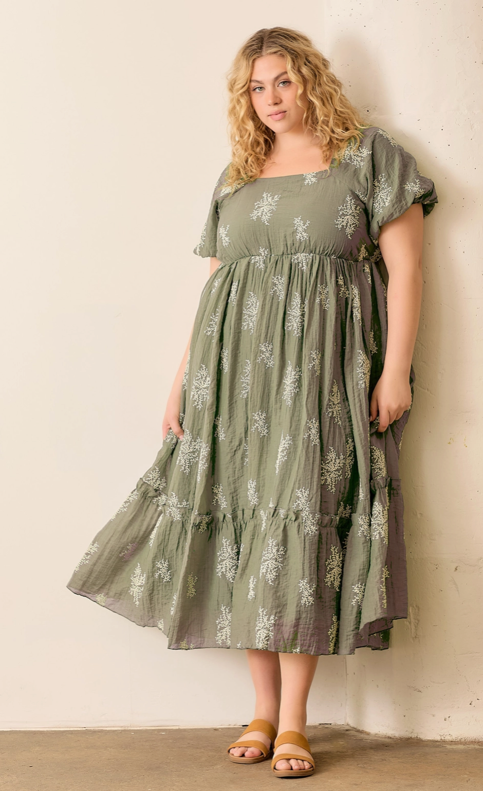 Plus Embroidered Olive Square Neck Dress