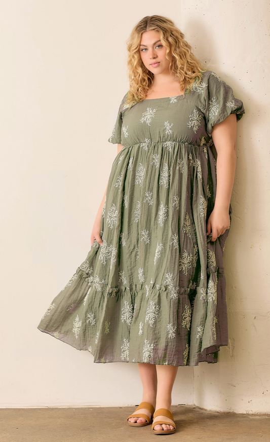 Plus Embroidered Olive Square Neck Dress