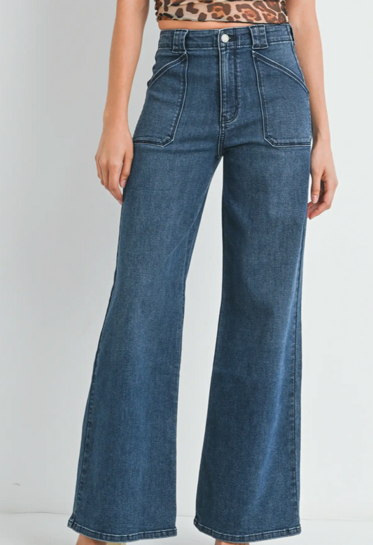 Patch Pocket Wide Leg Flare Jeans