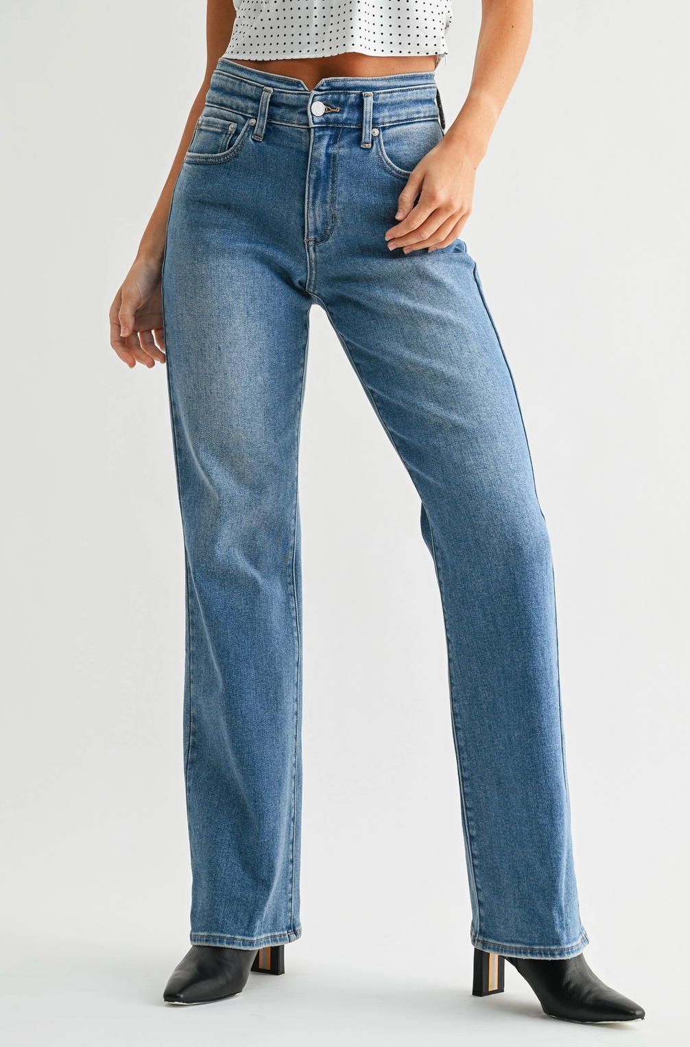 Detail Waistband Wide Leg Jeans