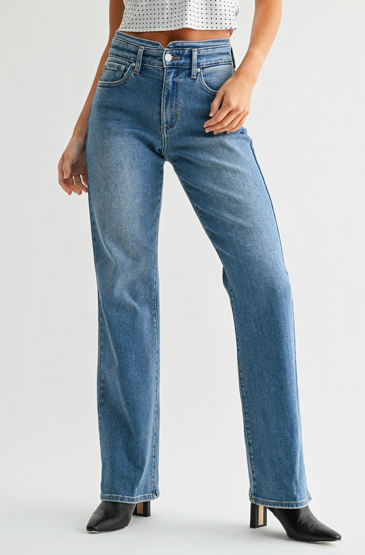 Detail Waistband Wide Leg Jeans