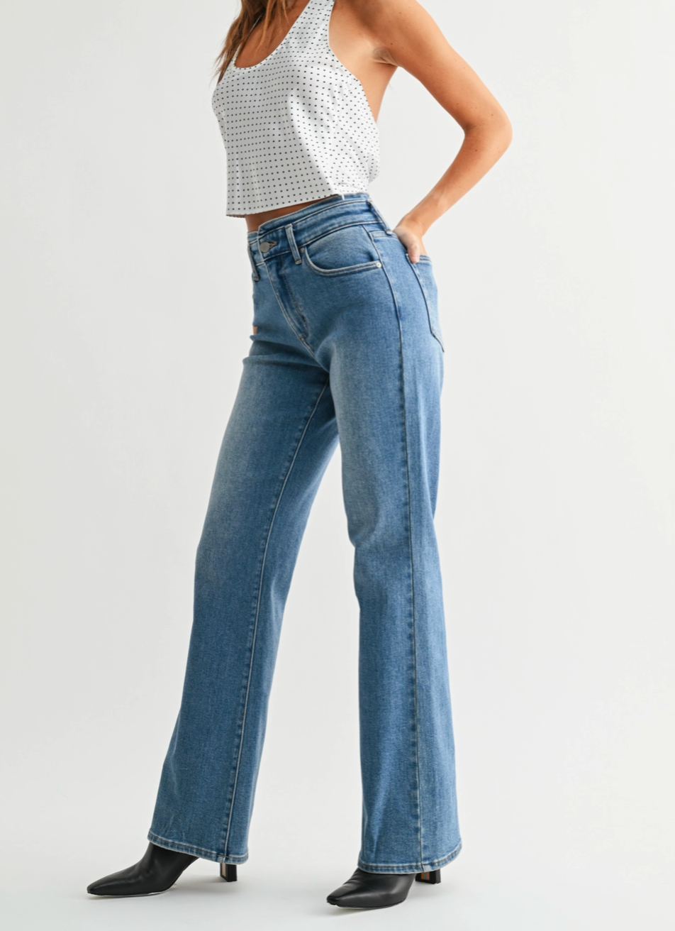 Detail Waistband Wide Leg Jeans