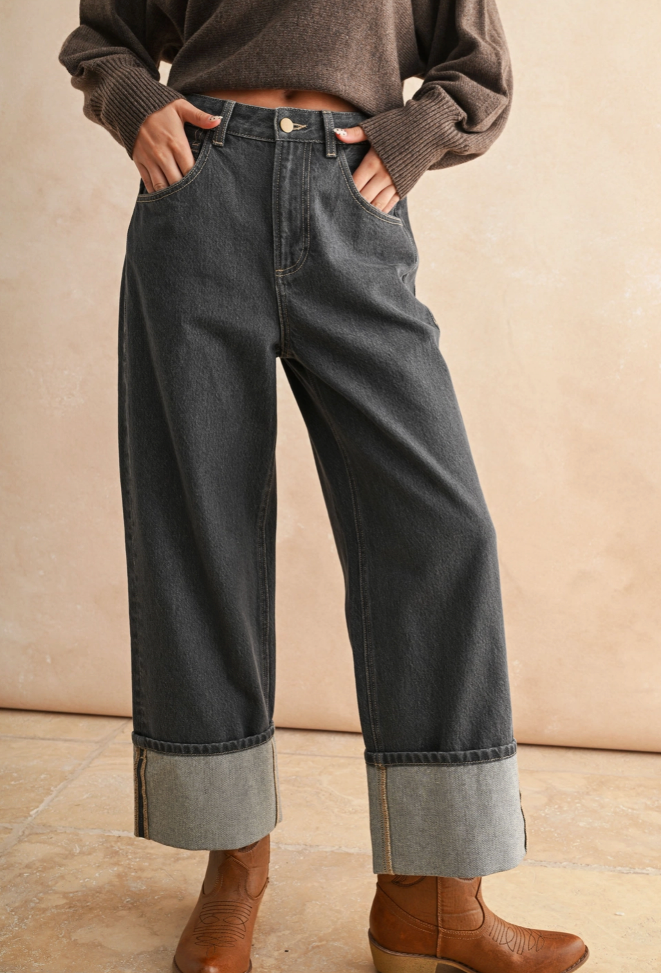 Cuffed Hem Grey Wash Pants