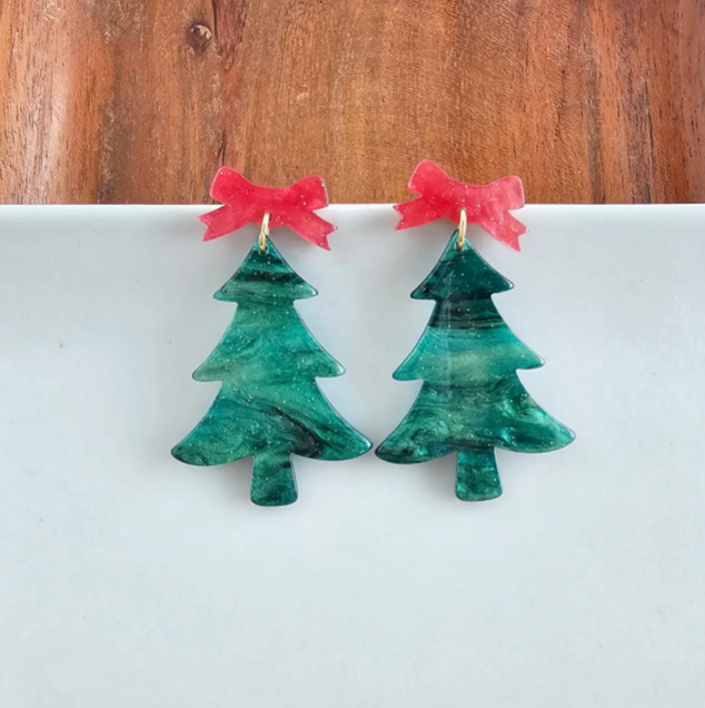 Red Bow Christmas Tree Earrings