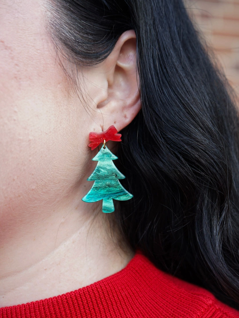 Red Bow Christmas Tree Earrings