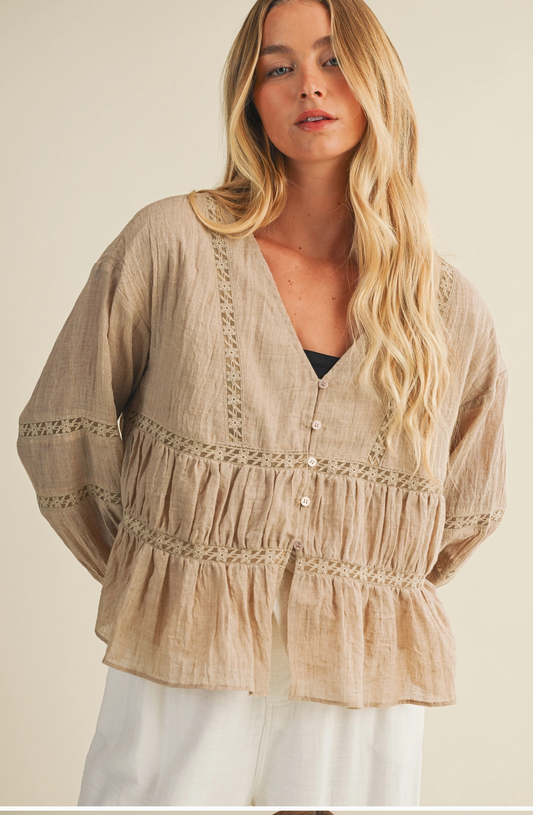 Taupe Ruffle Detail Blouse