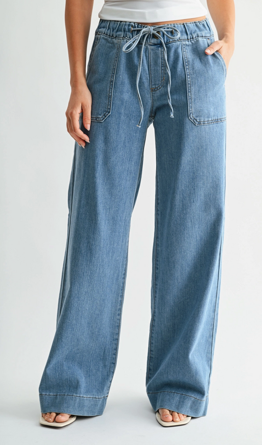 Drawstring Utility Pocket Wide Leg Jeans