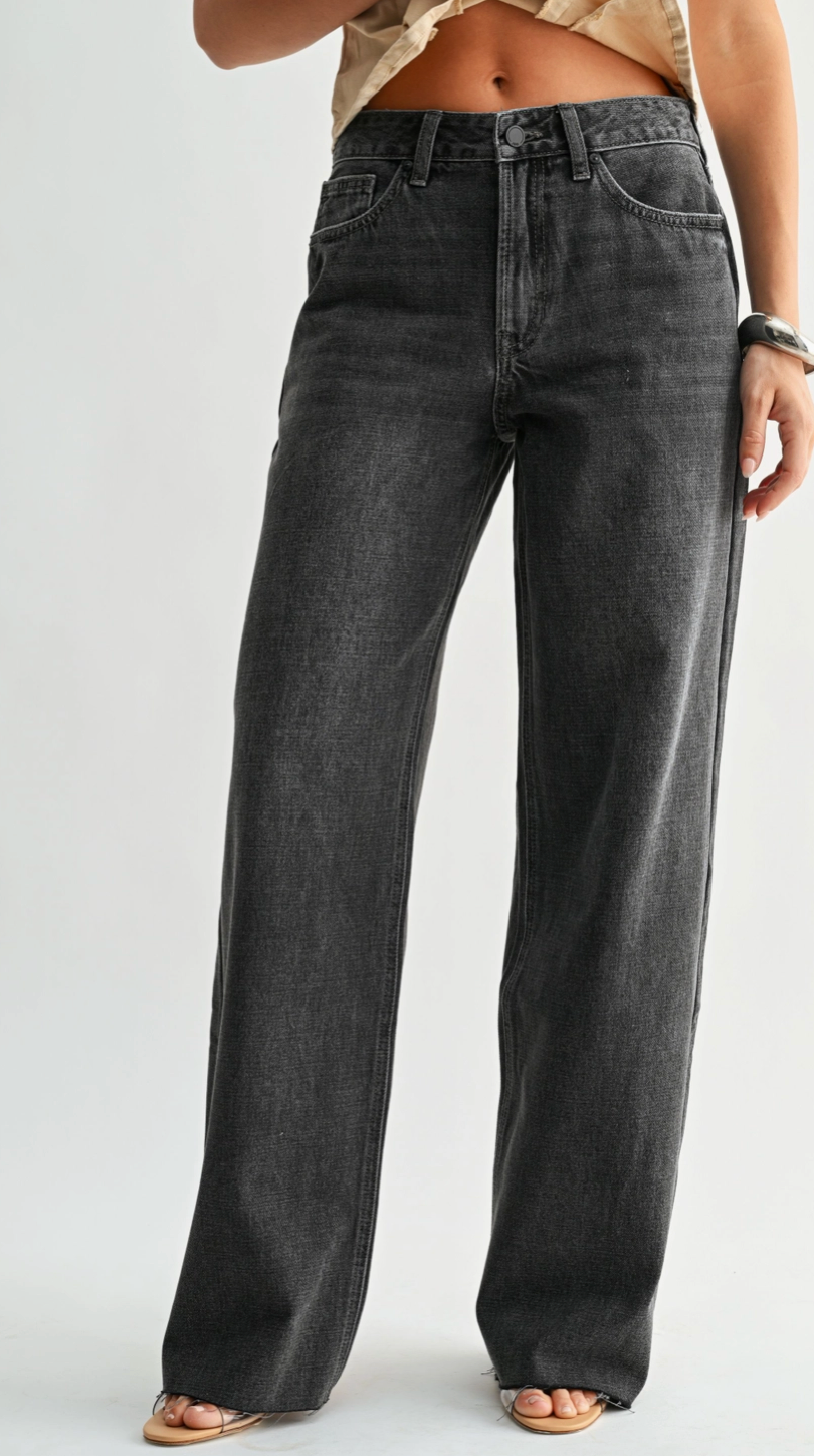 Black Washed High Rise Wide Leg Jeans