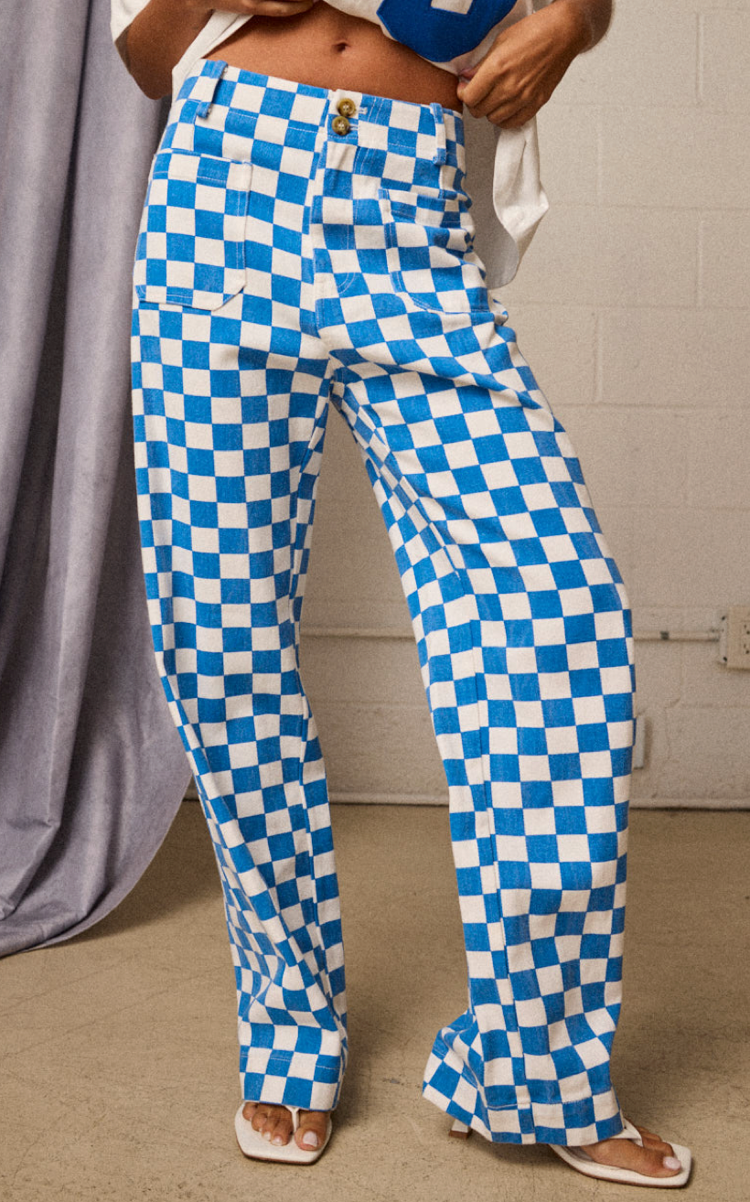 Blue Checkered Denim Pants