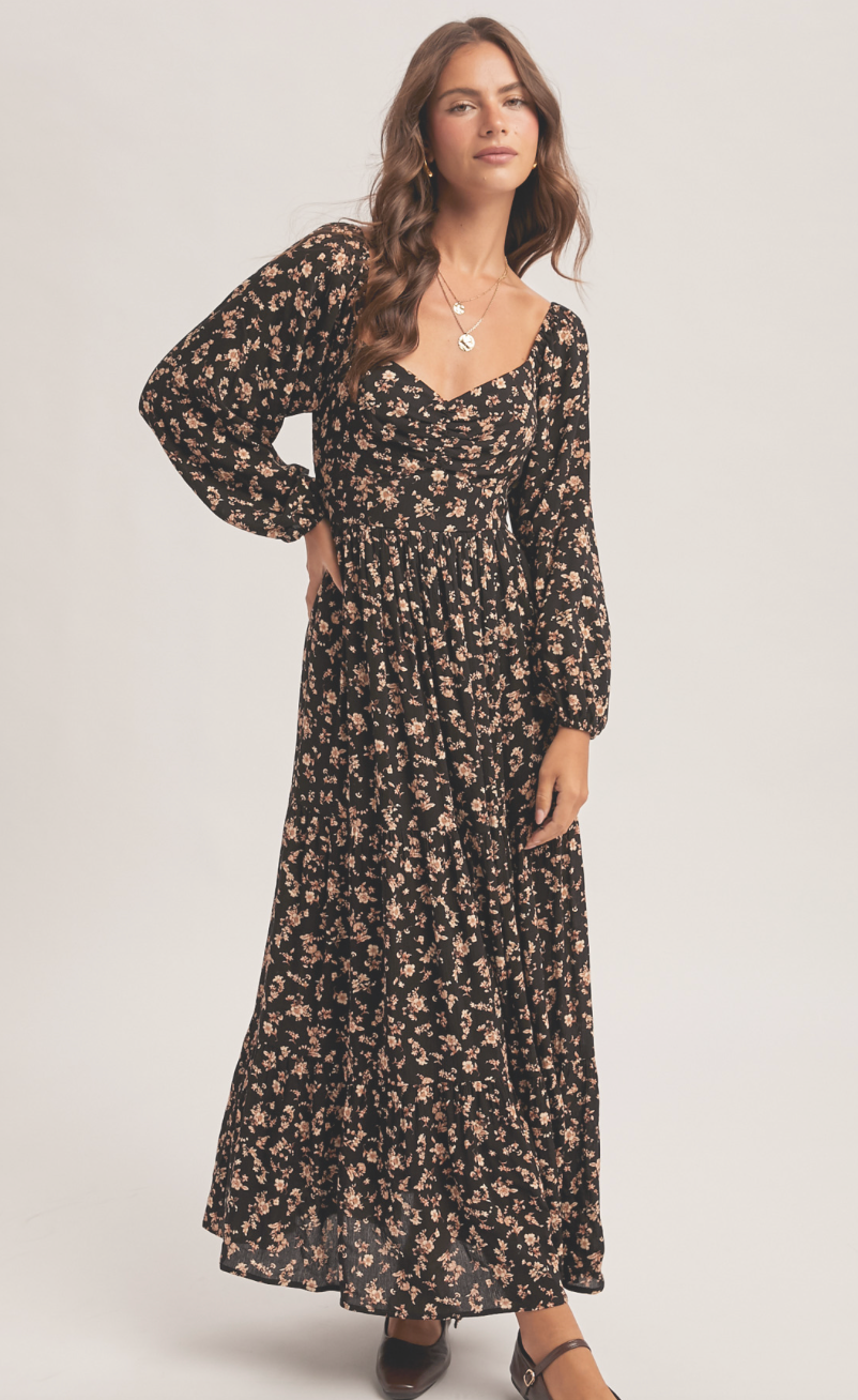 Black Floral Long Sleeve Maxi Dress